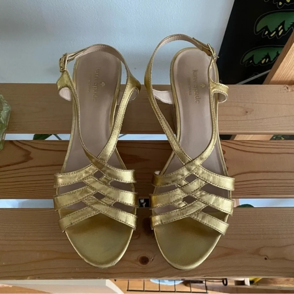 Kate Spade Gold Leather Cork Wedge Platform Sandals 9.5